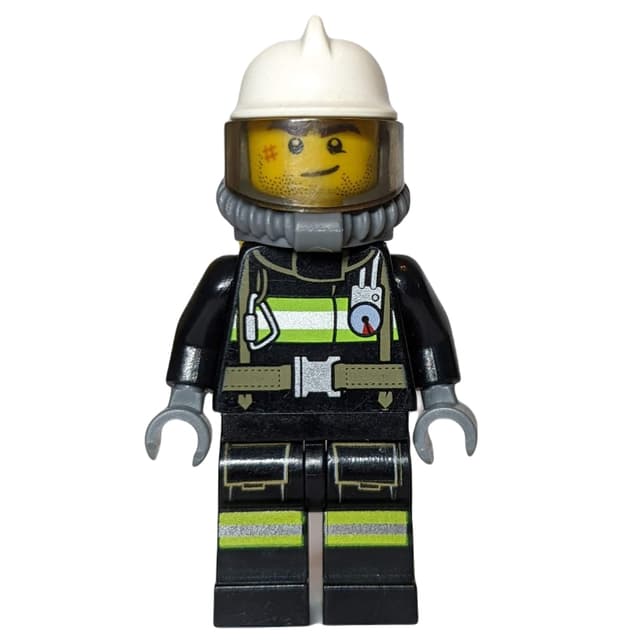 Fireman, Black Fire Suit with Gauge and Straps, White Helmet, Breathing Apparatus, Airtanks, Stubble and Scar