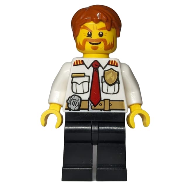 Fireman, White Shirt with Red Tie, Badge, and Radio on Belt, Dark Orange Hair, Mutton Chops and Moustache