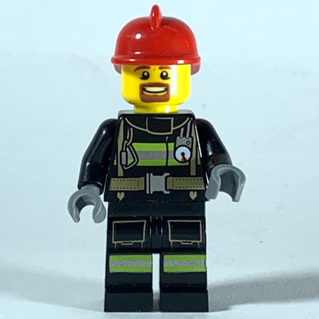 Fireman, Black Fire Suit with Gauge and Straps, Red Helmet, Goatee Beard
