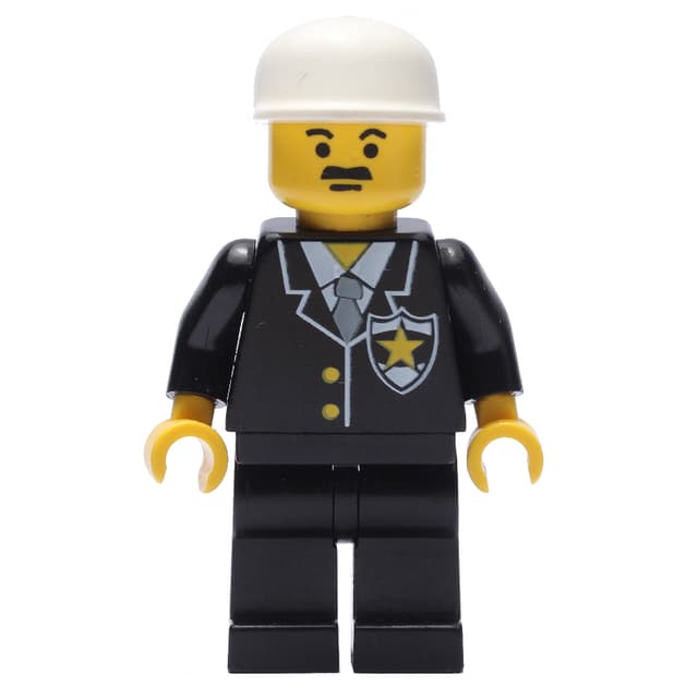 Policeman, Black Jacket with Tie and Badge, Black Legs, White Cap, Moustache