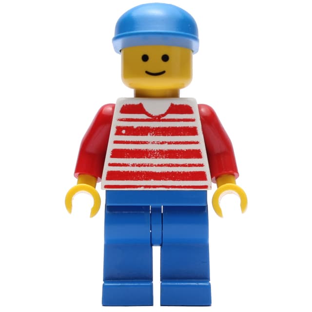Man, Red and White Striped Shirt, Blue Legs, Blue Cap