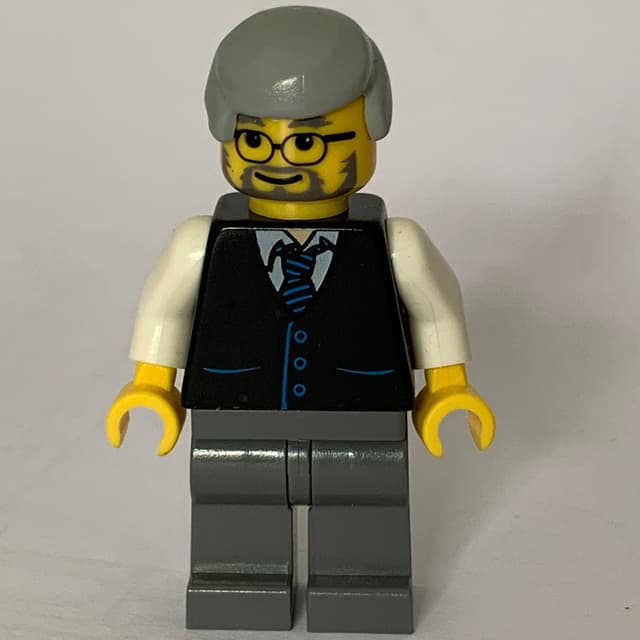 Man, Black Vest over White Shirt with Tie, Dark Bluish Gray Legs, Light Bluish Gray Hair, Beard and Glasses