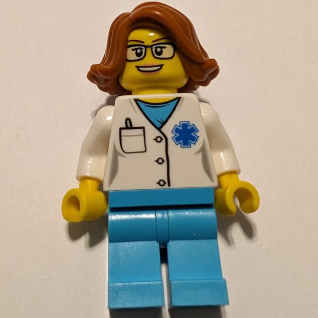 Doctor Grey, Woman, White Shirt over Medium Azure Scrubs with Star of Life and Pocket, Dark Orange Hair, Glasses