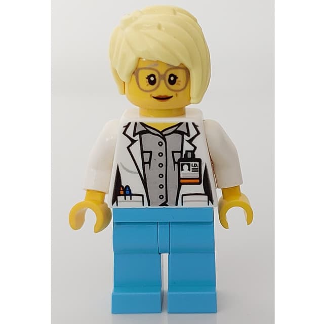 Doctor Mink, Woman, Open White Jacket over Light Bluish Gray Shirt with Pockets and ID Badge, Bright Light Yellow Hair, Glasses