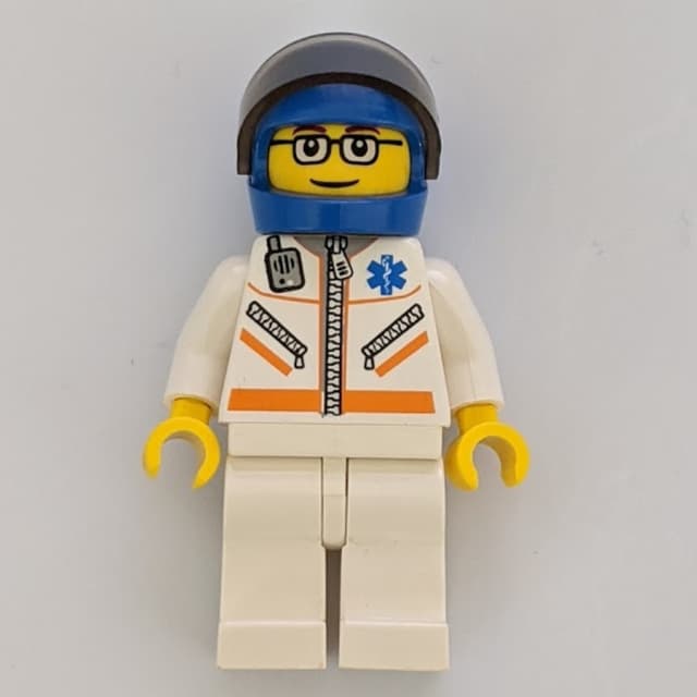 Paramedic, White Jacket with Zipper, Radio and Star of Life, Blue Helmet with Visor, Glasses