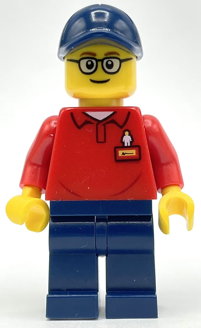 LEGOLAND Employee, Red Torso, Dark Blue Legs, Dark Blue Cap, Glasses
