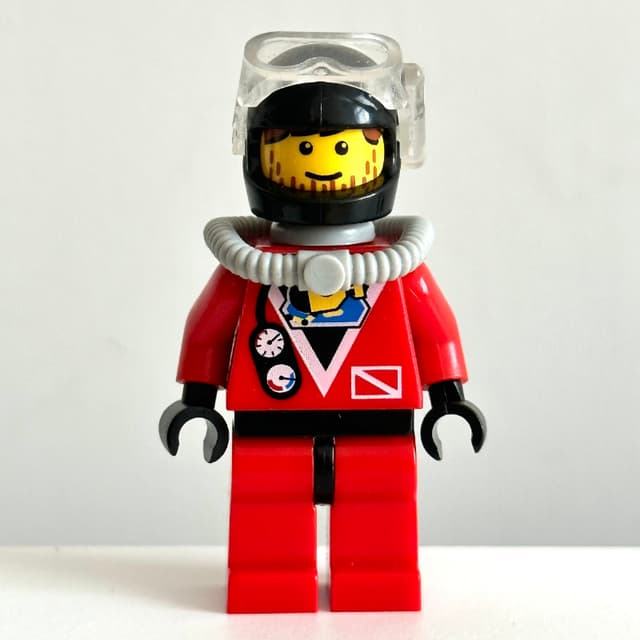 Diver, Man, Red Wetsuit, Black Helmet with Mask, Airtank, Stubble