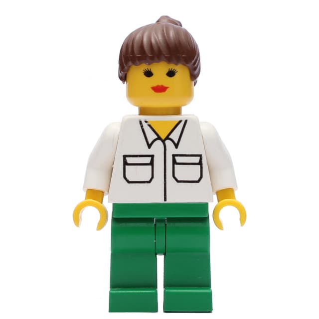 Woman, White Shirt with Pockets, Green Legs, Brown Hair