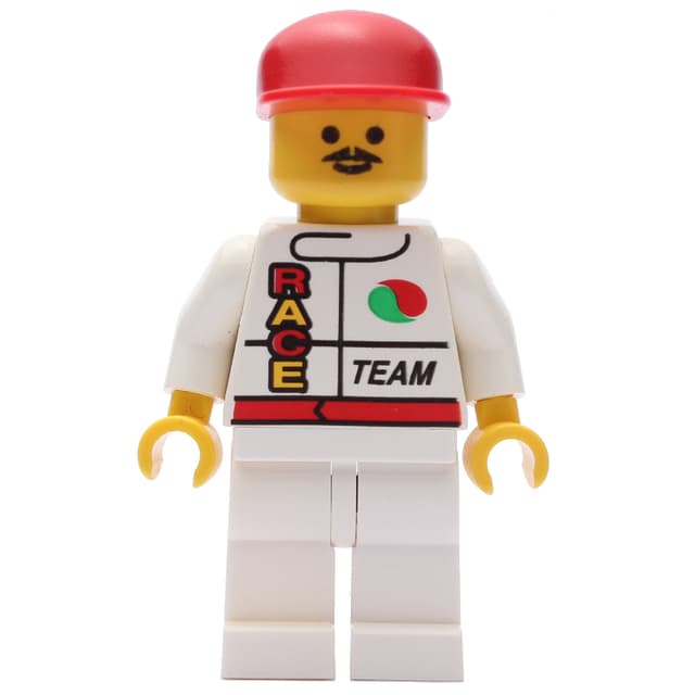 Racer, White Jacket with Octan Logo and 'RACE' and 'TEAM', Red Cap, Moustache
