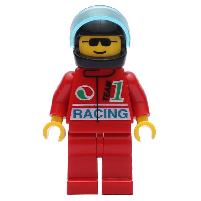 Racer, Red Jacket with Octan Logo and 'RACING', Red Legs, Black Helmet with Visor, Sunglasses
