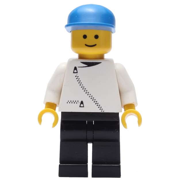 Man, White Jacket with Zipper, Black Legs, Blue Cap