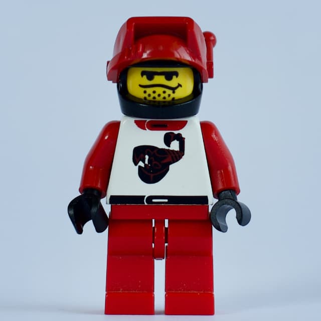 Racer, Red and White Outfit with Scorpion, Black Helmet with Visor with Antenna