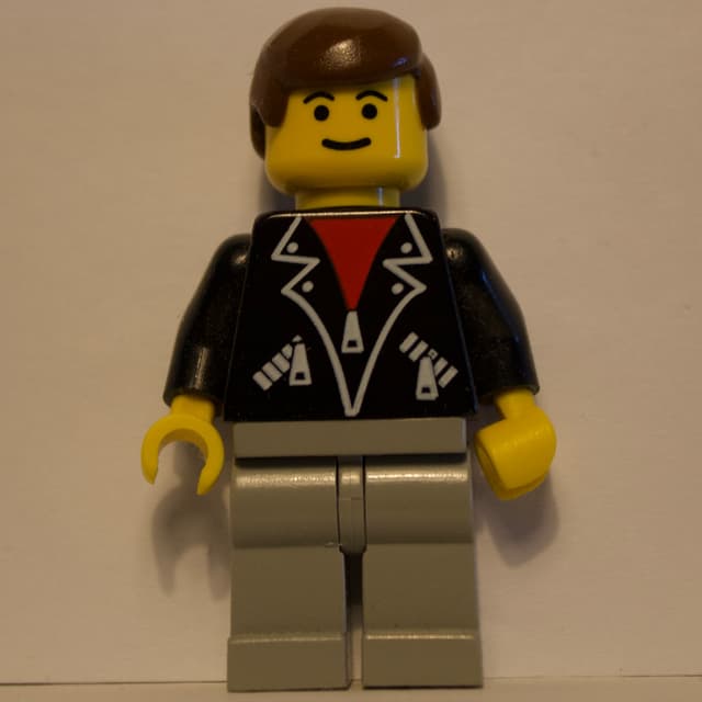 Man, Open Black Jacket over Red Shirt, Light Gray Legs, Brown Hair