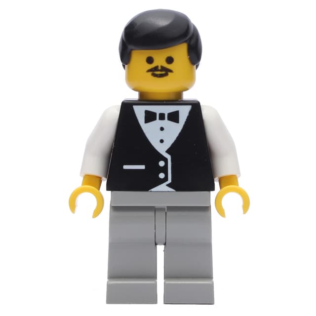Waiter, Black Vest over White Shirt with Bow Tie, Light Gray Legs, Black Hair, Moustache