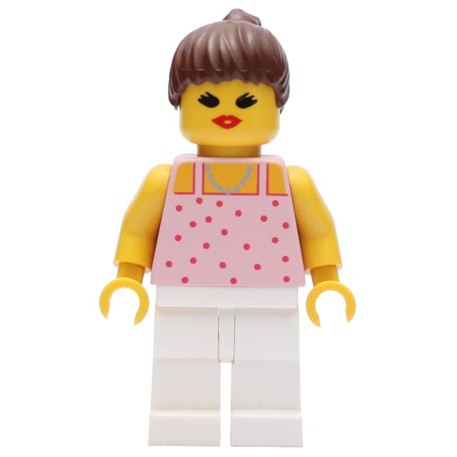 Woman, Pink Top with Spots, White Legs, Brown Hair - Open Mouth