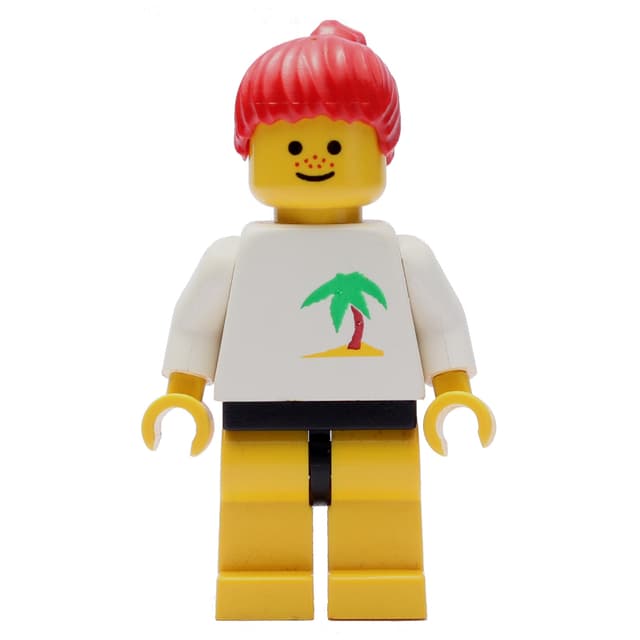 Woman, White Top with Desert Island, Yellow Legs, Red Hair