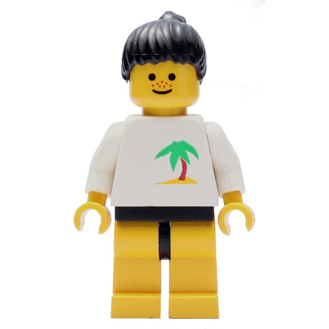 Woman, White Top with Desert Island, Yellow Legs, Black Hair