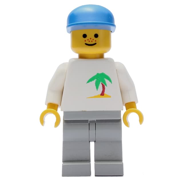 Man, White Top with Desert Island, Light Gray Legs, Blue Cap