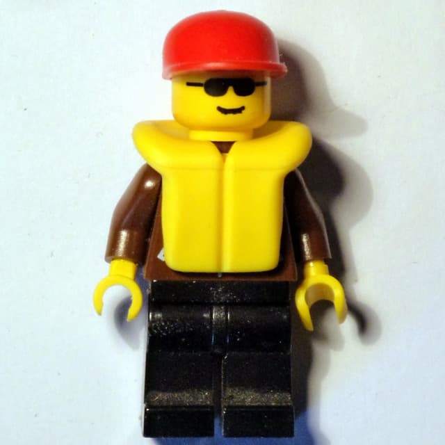Man, Brown Jacket, Black Legs, Red Cap, Yellow Life Vest, Sunglasses