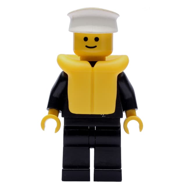 Policeman, Black Jacket with Zipper and Badge, White Hat, Yellow Life Vest