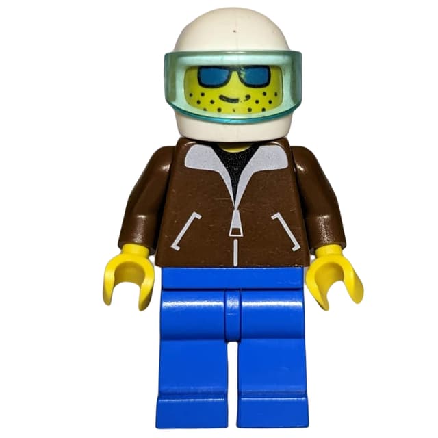 Man, Brown Jacket, Blue Legs, White Helmet with Visor, Blue Sunglasses