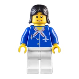 Airline Worker, Woman, Blue Jacket with Plane Logo and White Scarf, White Legs, Black Hair, Pink Lips