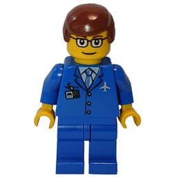 Airline Worker, Blue Suit with Tie and Plane Logo, Reddish Brown Hair, Glasses