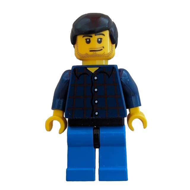 Man, Dark Blue Plaid Shirt, Blue Legs, Black Hair, Stubble