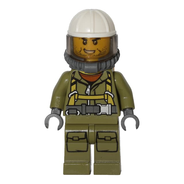 Volcano Explorer, Man, Olive Green Jumpsuit with Straps, White Hard Hat with Visor, Breathing Apparatus, Airtanks, Stubble