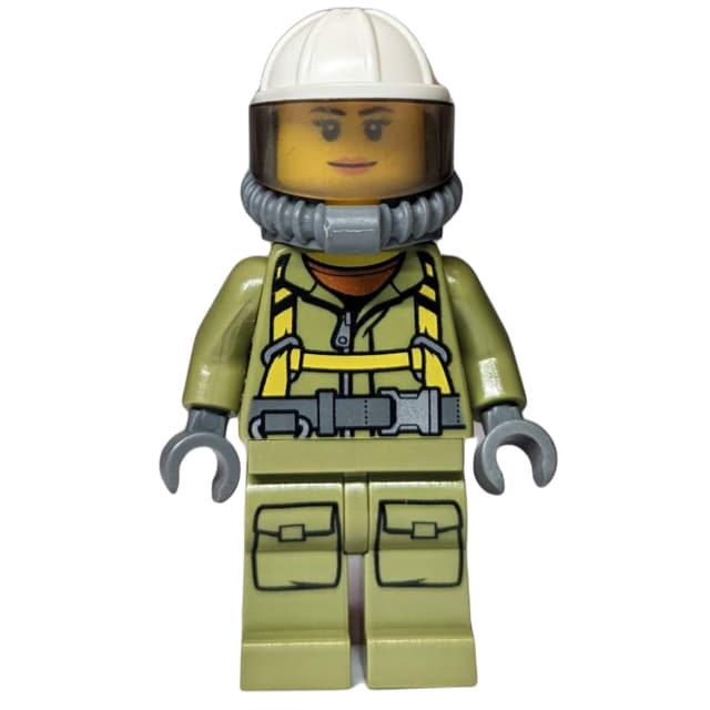 Volcano Explorer, Woman, Olive Green Jumpsuit with Straps, White Hard Hat with Visor, Breathing Apparatus, Airtanks