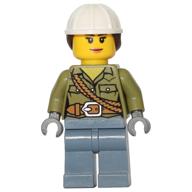 Volcano Explorer, Woman, Olive Green Shirt with Rope, White Hard Hat with Hair