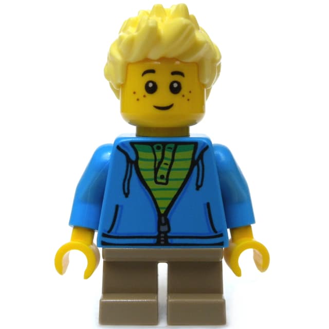 Boy, Open Dark Azure Hoodie with Zipper, Short Dark Tan Legs, Bright Light Yellow Hair