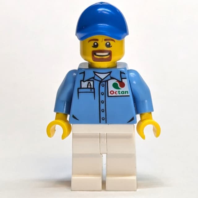 Man, Medium Blue Shirt with Octan Logo, White Legs, Blue Cap, Goatee Beard