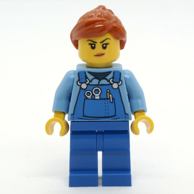 Woman, Blue Overalls over Shirt, Dark Orange Hair, Dirt Stains