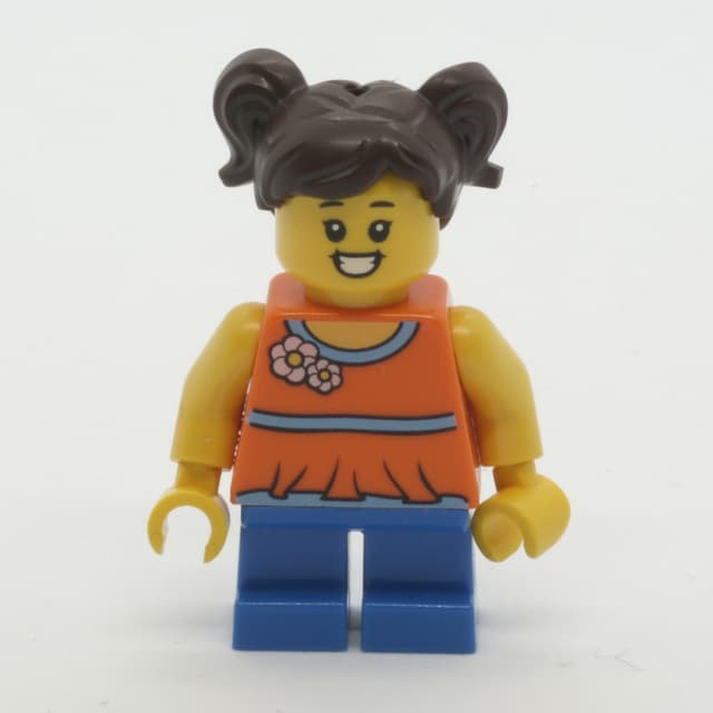 Girl, Orange Top, Short Blue Legs, Brown Hair