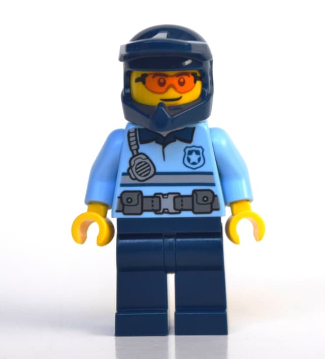 Policeman, Polo Shirt with Belt and Radio, Dark Blue Legs, Dark Blue Dirt Bike Helmet, Orange Glasses