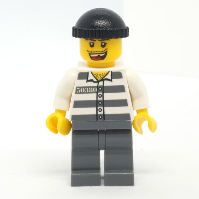 Criminal, Prison Shirt with #50380, Dark Bluish Gray Legs, Black Hat, Missing Tooth