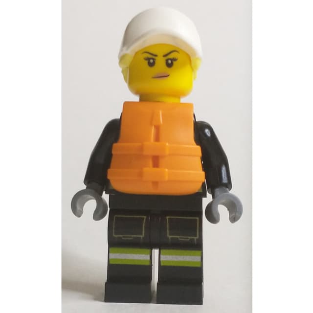 Firewoman, Black Fire Suit, Orange Lifevest, White Cap