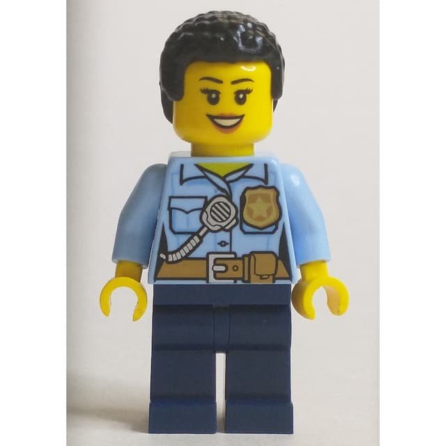 Policewoman, Bright Light Blue Shirt, Short Black Hair