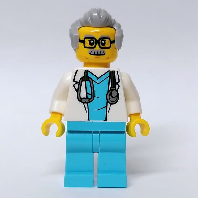 Doctor, White Coat, Medium Azure Scrubs, Light Bluish Gray Hair, Glasses