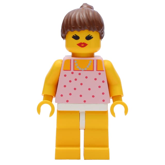 Woman, Pink Top with Spots, Yellow Legs, Brown Hair - Open Mouth