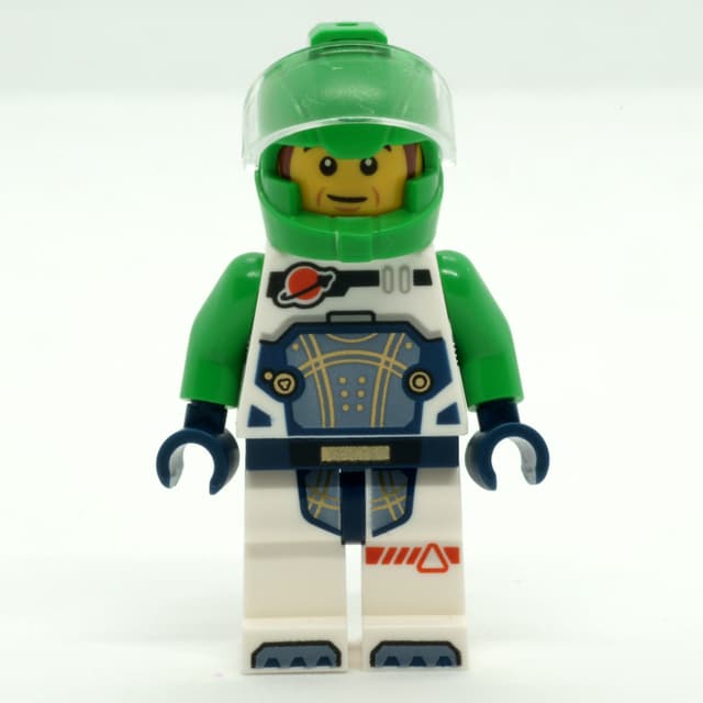 Astronaut, White Spacesuit, Bright Green Helmet, Reddish Brown Sideburns