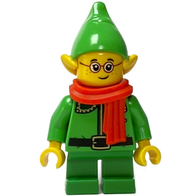Elf / Postal Elf - Bright Green Torso, Green Legs, Bright Green Hat, Dark Green Collar, Red Scarf