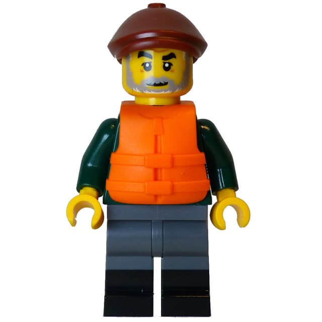 Fisher Man, Dark Green Torso, Dark Bluish Grey Legs, Reddish Brown Cap, Life Vest